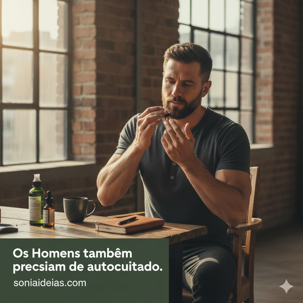 A ideia é mostrar um homem em um momento de autocuidado que não remeta à futilidade, mas sim à saúde e ao bem-estar integral.