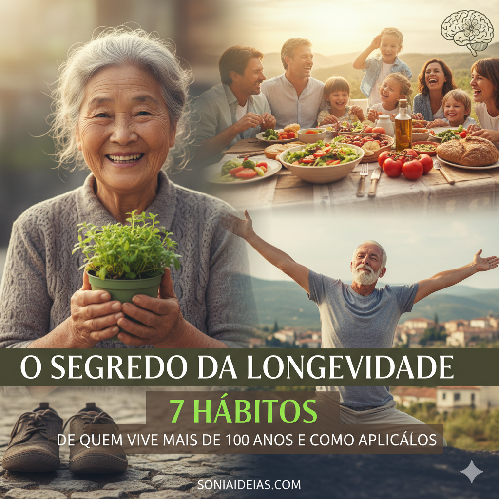 uma imagem de uma pessoa idosa e feliz com elementos de uma alimentação saudável em família, natureza e atividade, tudo para evocar os temas de longevidade e bem-estar