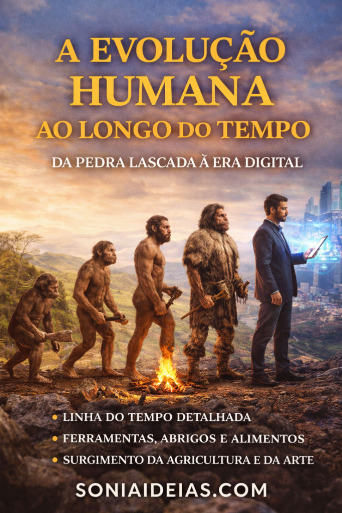 Descubra a evolução humana ao longo do tempo, da pedra lascada à era digital. Linha do tempo completa, agricultura, arte e ciência.