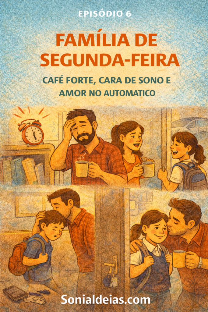 Um retrato divertido da família de segunda-feira: café forte, correria, cara de sono e amor que segue firme na rotina.