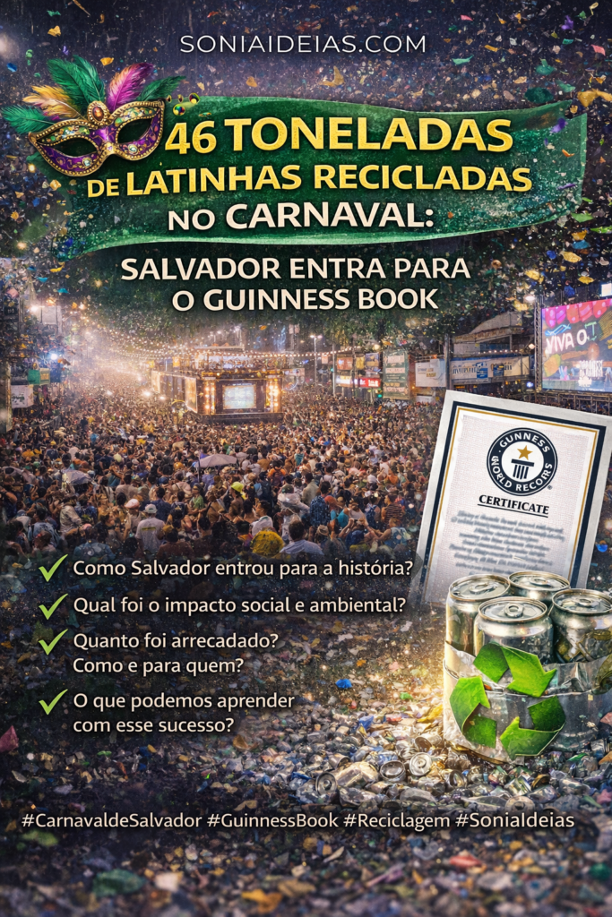 Salvador entra para o Guinness Book ao reciclar 46 toneladas de latinhas no Carnaval. Veja o impacto social, ambiental e o valor arrecadado com a ação histórica.