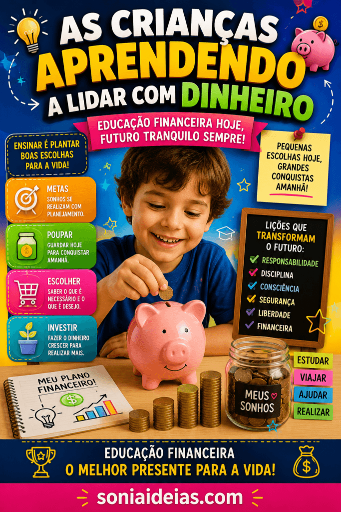 Educação financeira infantil ajuda crianças a aprenderem a lidar com dinheiro, consumo consciente e planejamento financeiro desde cedo.