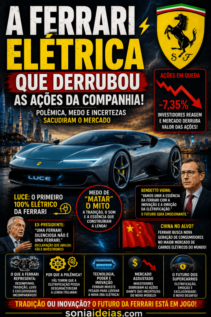 Ferrari elétrica gera polêmica e derruba ações da companhia. Entenda os impactos do primeiro supercarro elétrico da marca italiana.