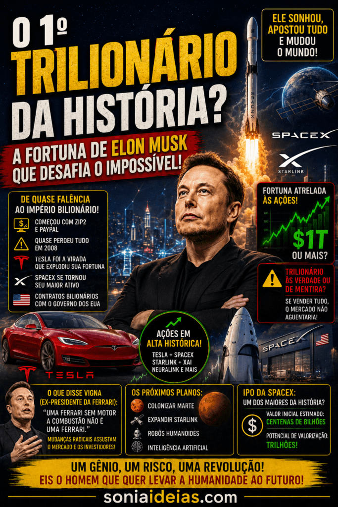 Primeiro trilionário da história? Entenda como Elon Musk construiu sua fortuna com Tesla e SpaceX e o que pode ameaçar seu patrimônio.