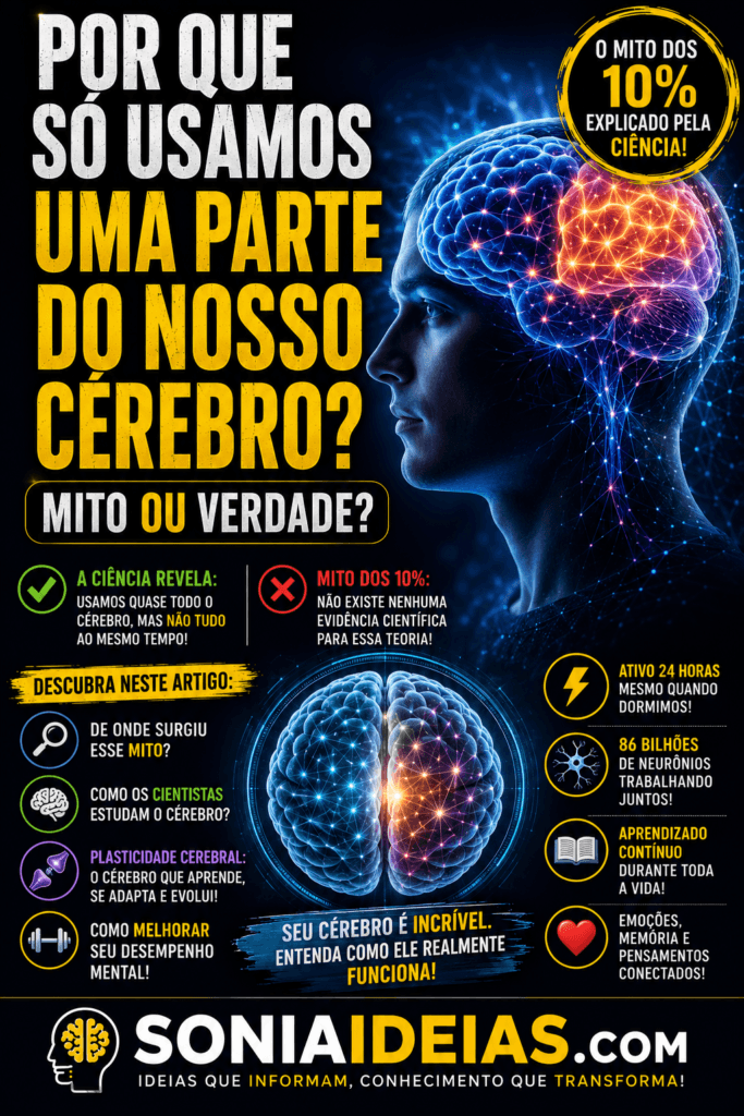 Usamos apenas 10% do cérebro? Descubra o que a ciência realmente diz sobre esse mito, como funciona o cérebro humano e o incrível potencial da mente.