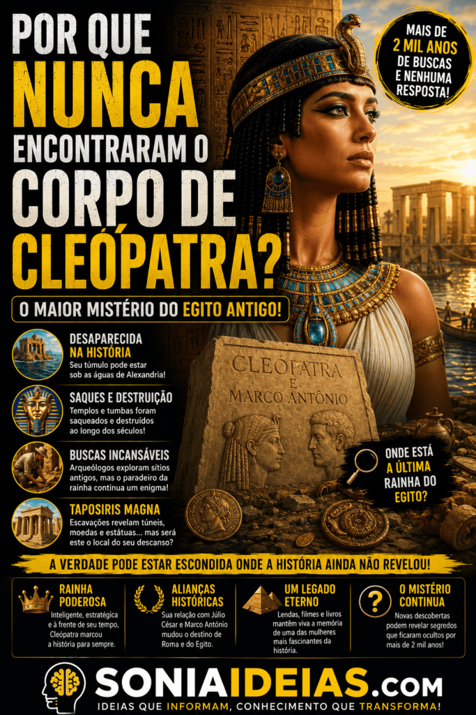Por que nunca encontraram o corpo de Cleópatra? Descubra as teorias sobre o paradeiro da última rainha do Egito e as buscas arqueológicas que tentam solucionar esse mistério.