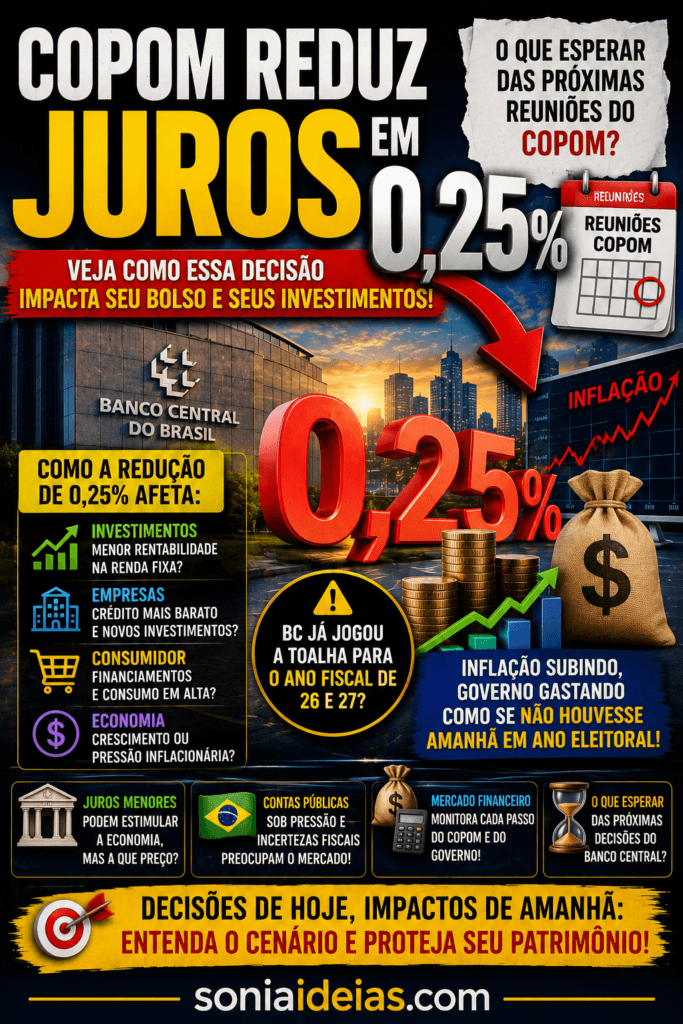 Redução da Selic em 0,25% impacta investimentos, crédito e empresas. Entenda o que esperar das próximas reuniões do COPOM e da economia brasileira.