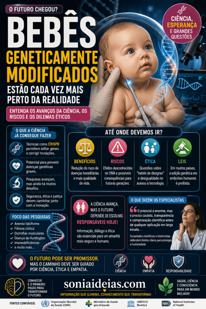 Entenda o que são os bebês geneticamente modificados, como funciona a edição genética, quais avanços já foram alcançados, os desafios éticos e o que especialistas esperam para o futuro.