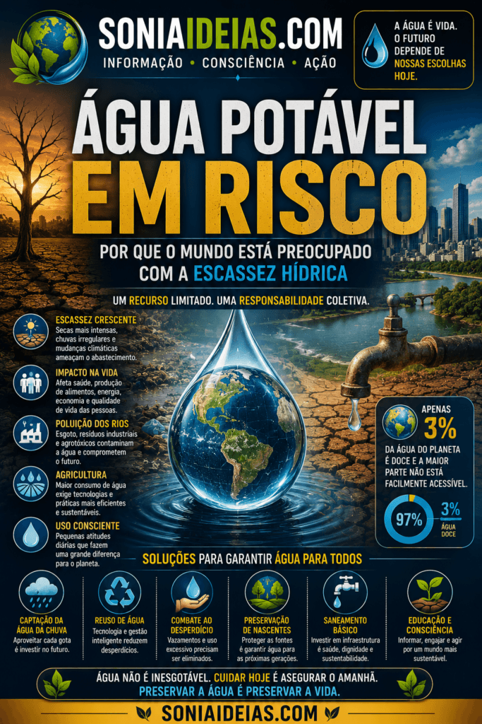 Descubra por que a água potável está em risco, como a escassez hídrica afeta o planeta e quais soluções podem garantir segurança hídrica