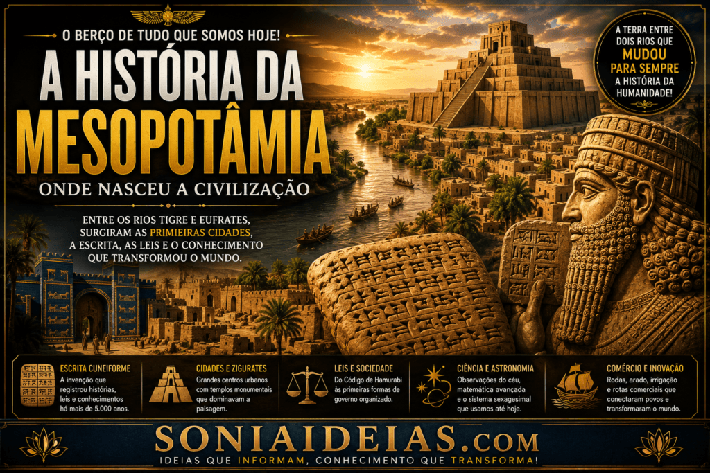 Descubra a história da Mesopotâmia, considerada o berço da civilização. Conheça os sumérios, babilônios, assírios, a escrita cuneiforme e as invenções que mudaram a história da humanidade.