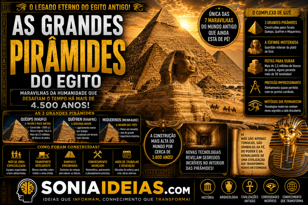 Conheça a história das Grandes Pirâmides do Egito, descubra como foram construídas, quem eram os faraós de Gizé e por que essas obras continuam fascinando o mundo há mais de 4.500 anos.