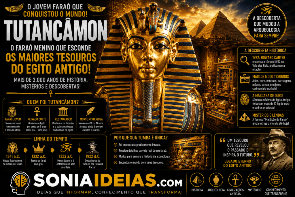 Conheça a história de Tutancâmon, o jovem faraó cuja tumba praticamente intacta revolucionou a arqueologia. Descubra quem foi, como morreu e por que sua máscara de ouro se tornou um símbolo do Egito Antigo.