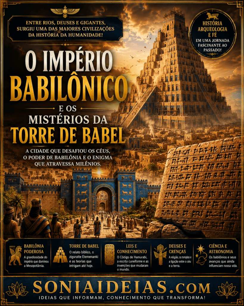 Descubra a história do Império Babilônico, o mistério da Torre de Babel, o zigurate Etemenanki e o que a arqueologia revela sobre um dos relatos mais fascinantes da Bíblia e da Antiguidade.