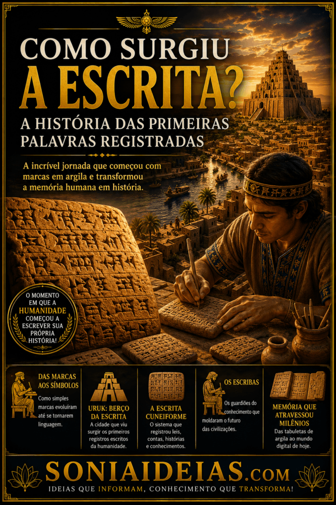 Descubra como surgiu a escrita, onde apareceram os primeiros registros, como funcionava a escrita cuneiforme e por que os sumérios mudaram para sempre a história.