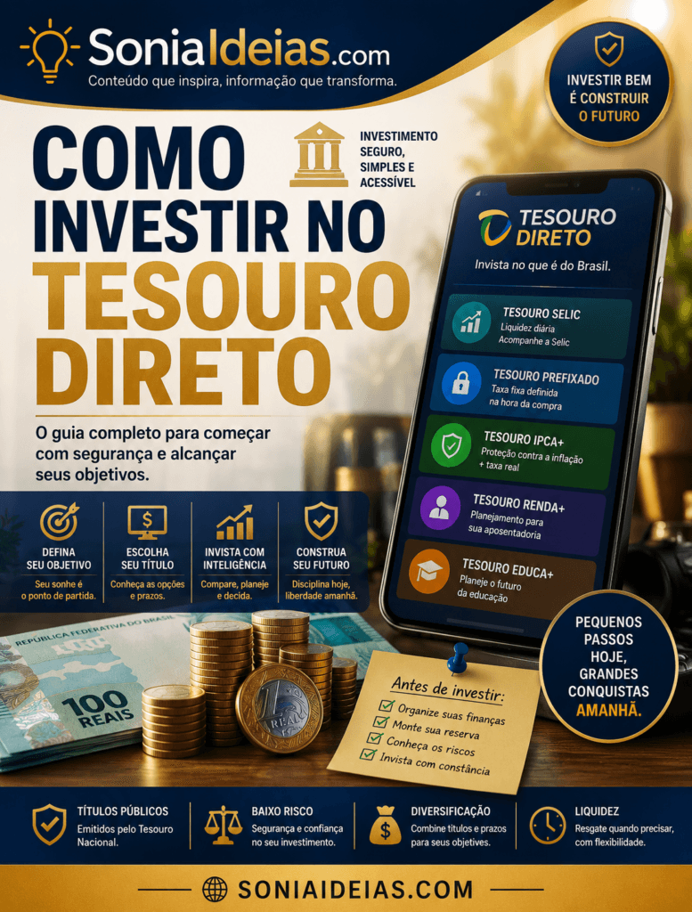 Aprenda como investir no Tesouro Direto, conheça Tesouro Selic, IPCA+ e Prefixado, custos, impostos, riscos e como escolher o título.