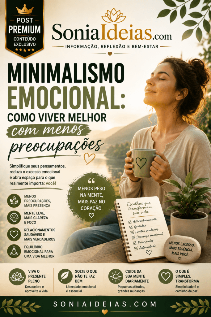 Conheça o minimalismo emocional e descubra como reduzir preocupações, fortalecer sua saúde emocional e viver com mais leveza, equilíbrio e qualidade de vida.