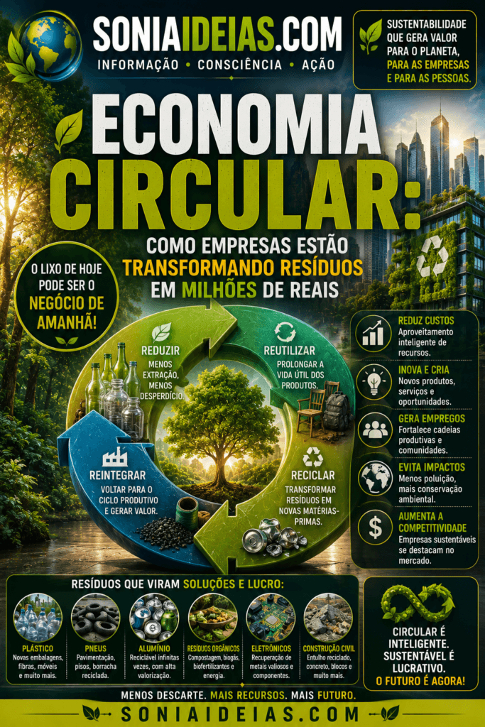 Descubra como a economia circular transforma resíduos em matéria-prima, reduz custos, gera empregos e cria novas oportunidades para empresas no Brasil.