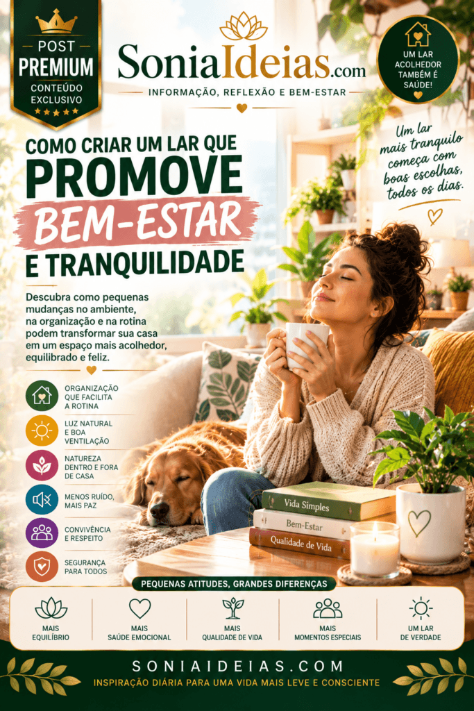 Descubra como criar um lar que promove bem-estar e tranquilidade com organização, luz natural, natureza, menos ruído, segurança e boas relações.