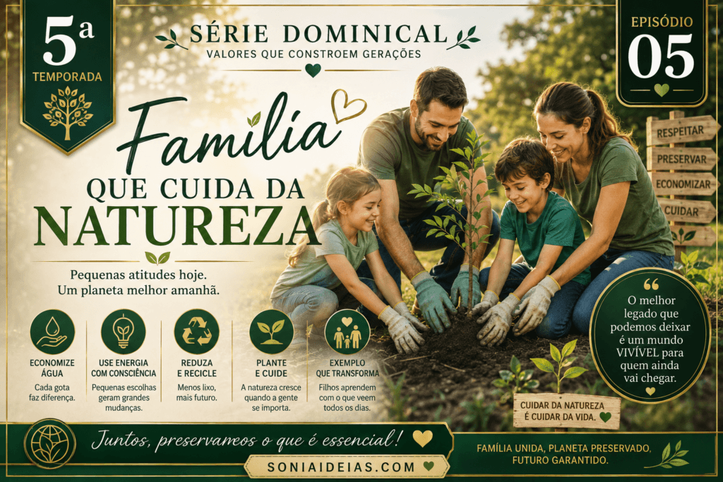 Descubra como uma família que cuida da natureza pode ensinar sustentabilidade, economia de água, consumo consciente e preservação ambiental no dia a dia.