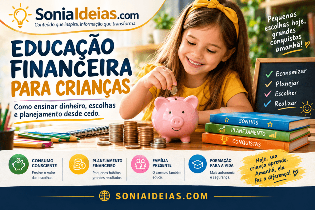 Aprenda como ensinar educação financeira para crianças de forma simples, saudável e divertida, com exemplos sobre dinheiro, consumo e planejamento.