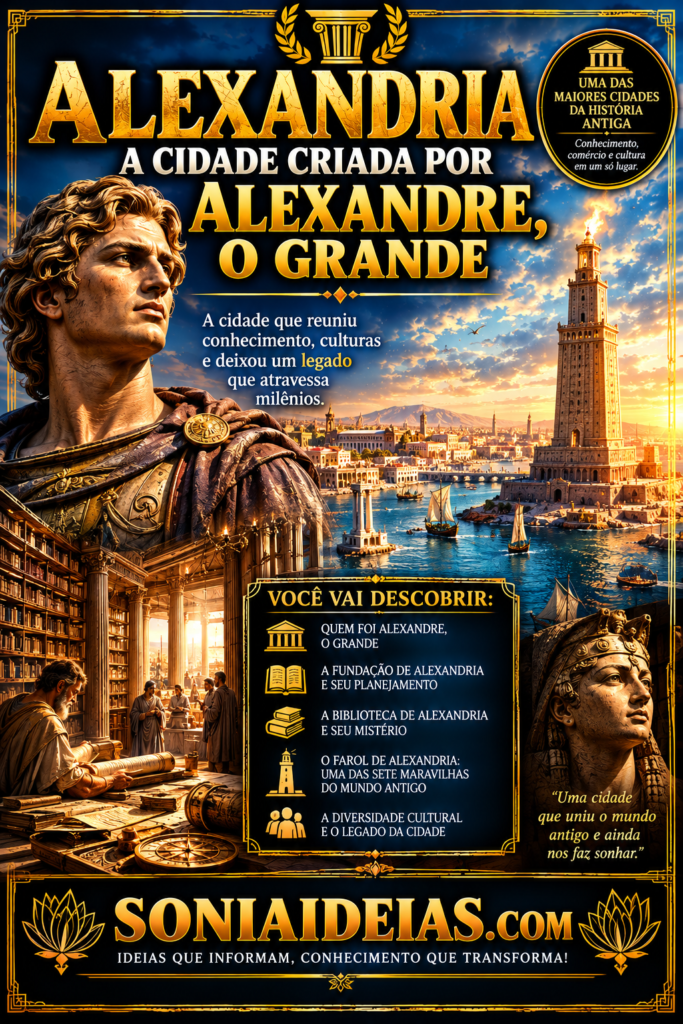 Descubra a história de Alexandria, fundada por Alexandre, o Grande, e conheça sua famosa biblioteca, o Farol e os mistérios do Egito Antigo.