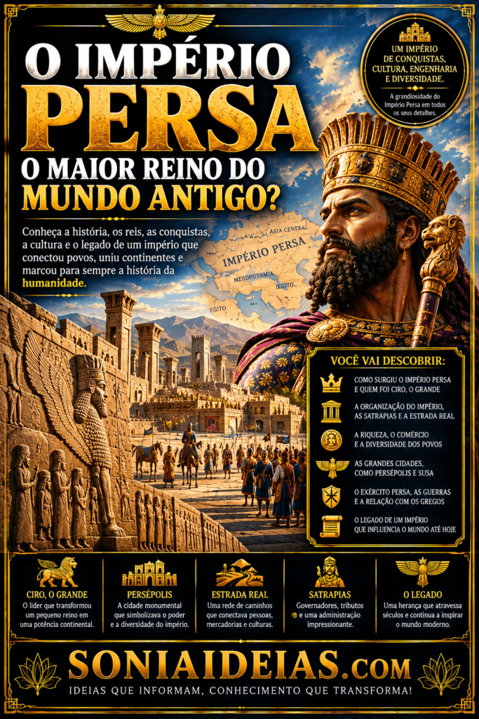 Conheça o Império Persa, um dos maiores impérios do mundo antigo. Descubra Ciro, Dario, Persépolis, Xerxes, as satrapias e seu legado.