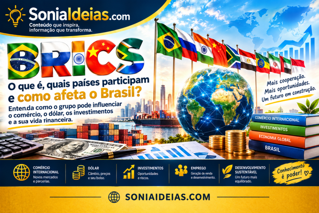 O que é BRICS, quais países participam, seus objetivos e como o grupo pode influenciar a economia brasileira, o dólar e os investimentos.