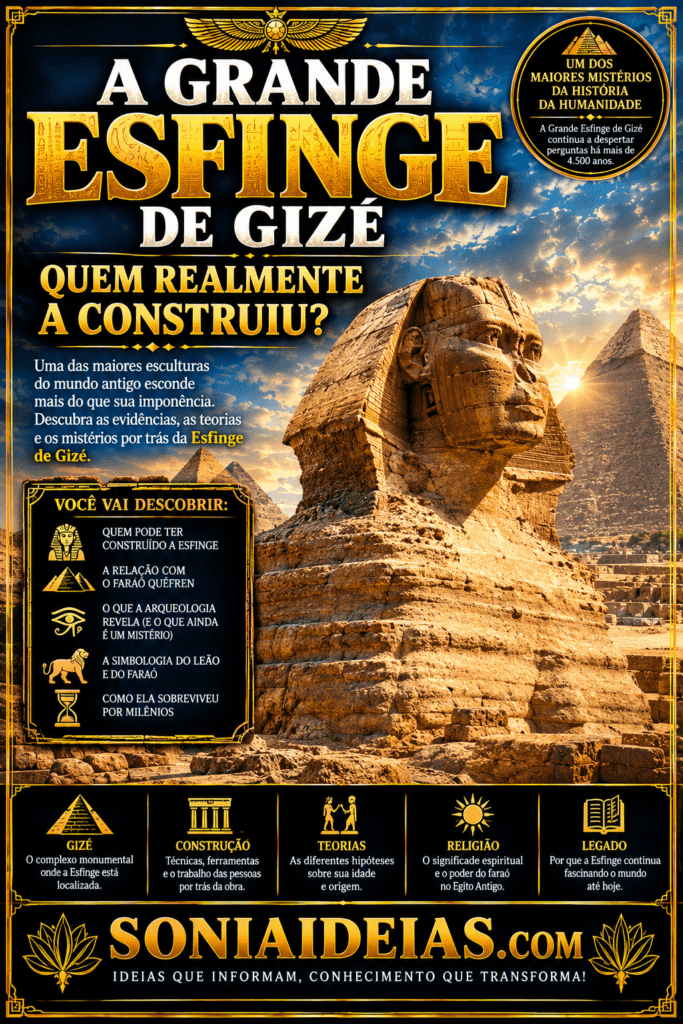 Quem construiu a Grande Esfinge de Gizé? Conheça as evidências sobre Quéfren, sua idade, função, erosão e os mistérios do monumento egípcio.