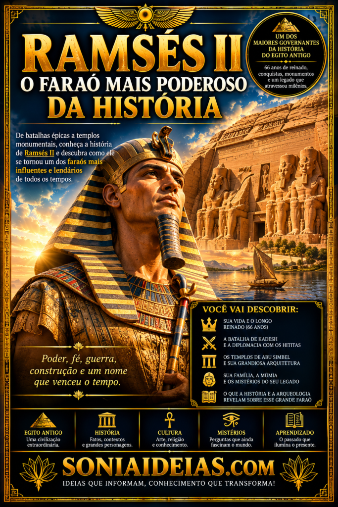 Conheça Ramsés II, o grande faraó do Egito Antigo. Descubra sua história, a Batalha de Kadesh, Abu Simbel e seu legado milenar.